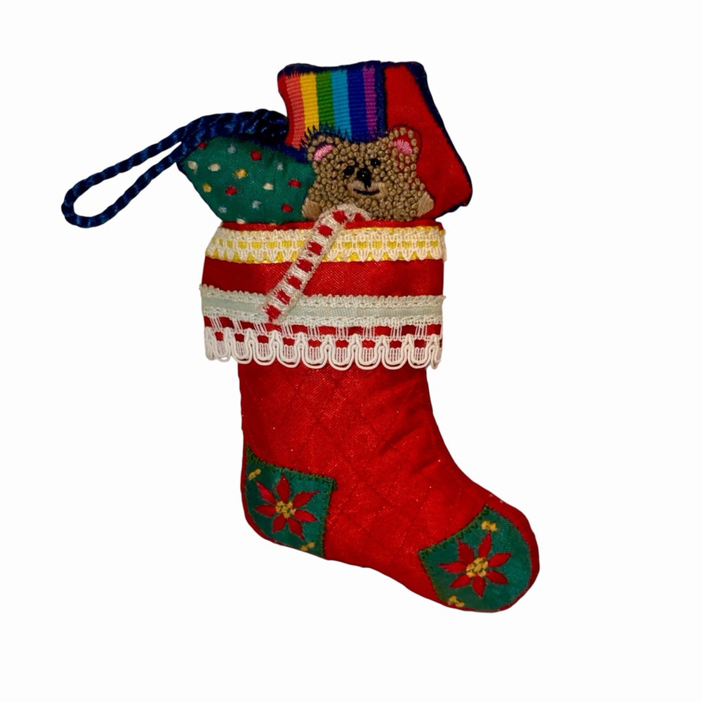 Christmas Ornament Stocking Hallmark Fabric Vintage 1983 Toys Teddy Bear Rainbow